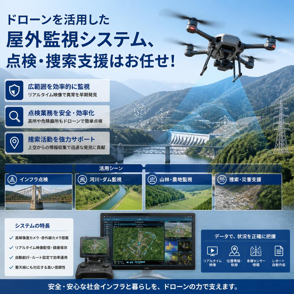 ドローンを活用した屋外監視システム、点検・捜索支援はお任せ！