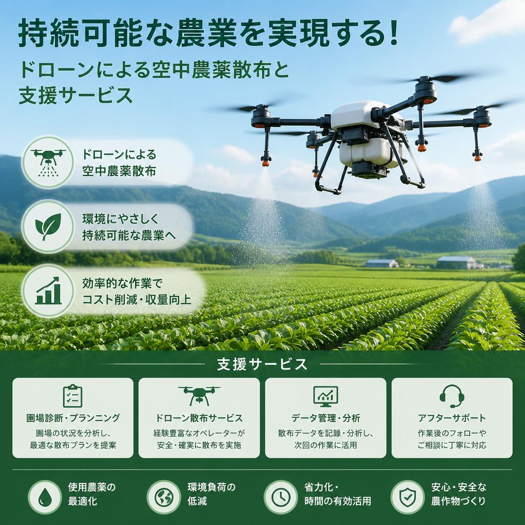 持続可能な農業を実現する！ドローンによる空中農薬散布と支援サービス